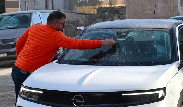 Kars'ta soğuk havanın etkisiyle buzlanma ve kırağı oluştu