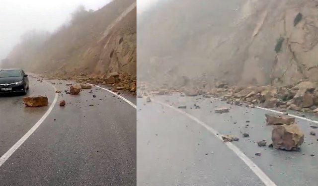 Yağış sonrası kaya parçaları yola düştü