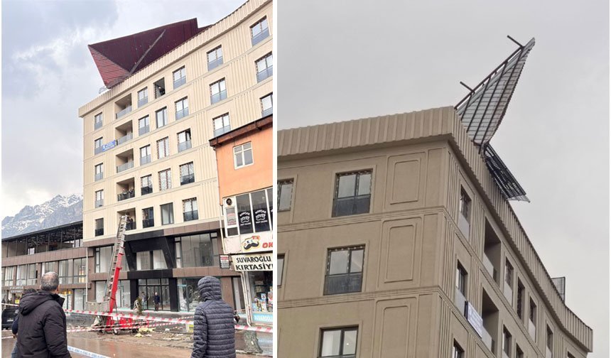 Şemdinli'de şiddetli fırtına binanın çatısını uçurdu!