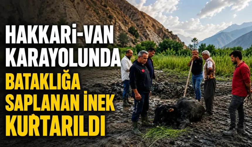 Hakkari-Van karayolunda bataklığa saplanan inek kurtarıldı