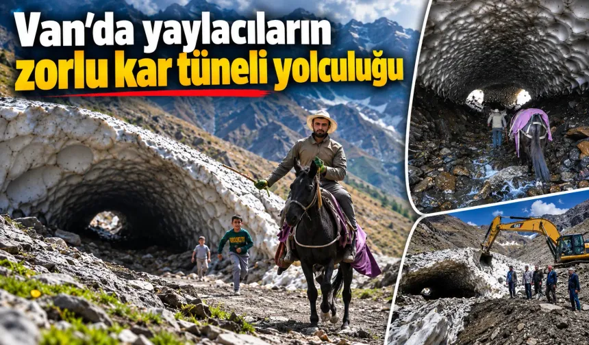 Van'da yaylacıların zorlu kar tüneli yolculuğu