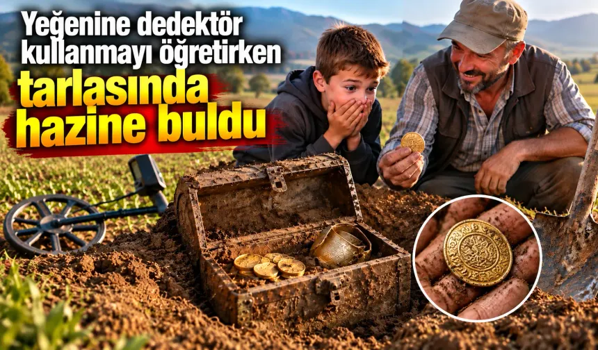 Yeğenine dedektör kullanmayı öğretirken tarlasında hazine buldu
